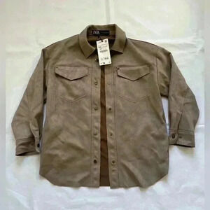 Zara suede look brown oversized shirt jacket NWT missing one snap